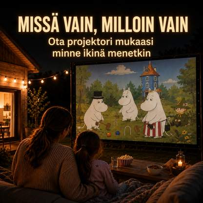 Äiti ja tytär katsovat piirrettyä ulkona Projexia-älyprojektorilla