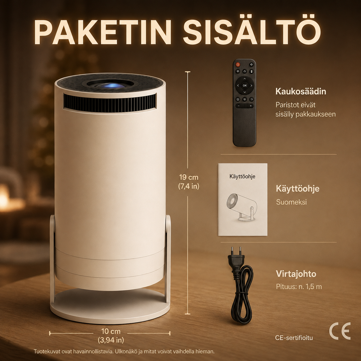 Projexia-älyprojektorin pakkauksen sisältö ja kaukosäädin