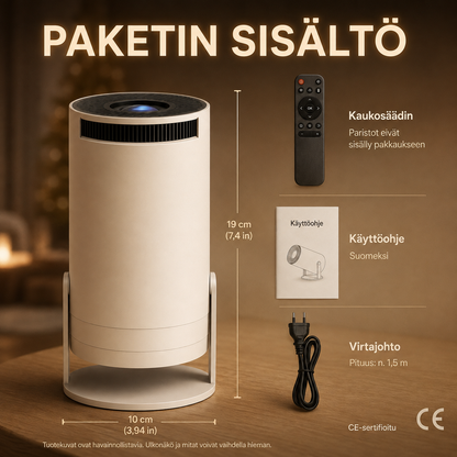 Projexia-älyprojektorin pakkauksen sisältö ja kaukosäädin
