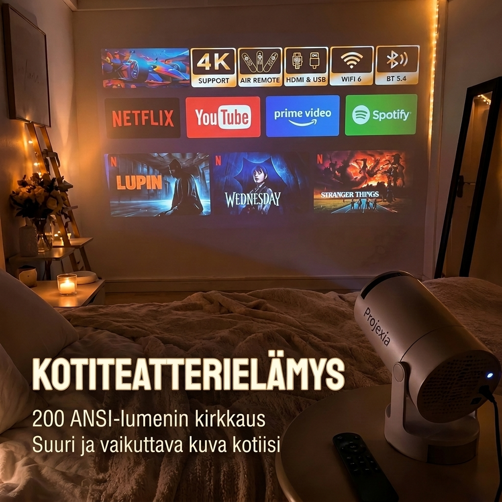Projexia-älyprojektori heijastaa elokuvan kotiteatterina seinälle
